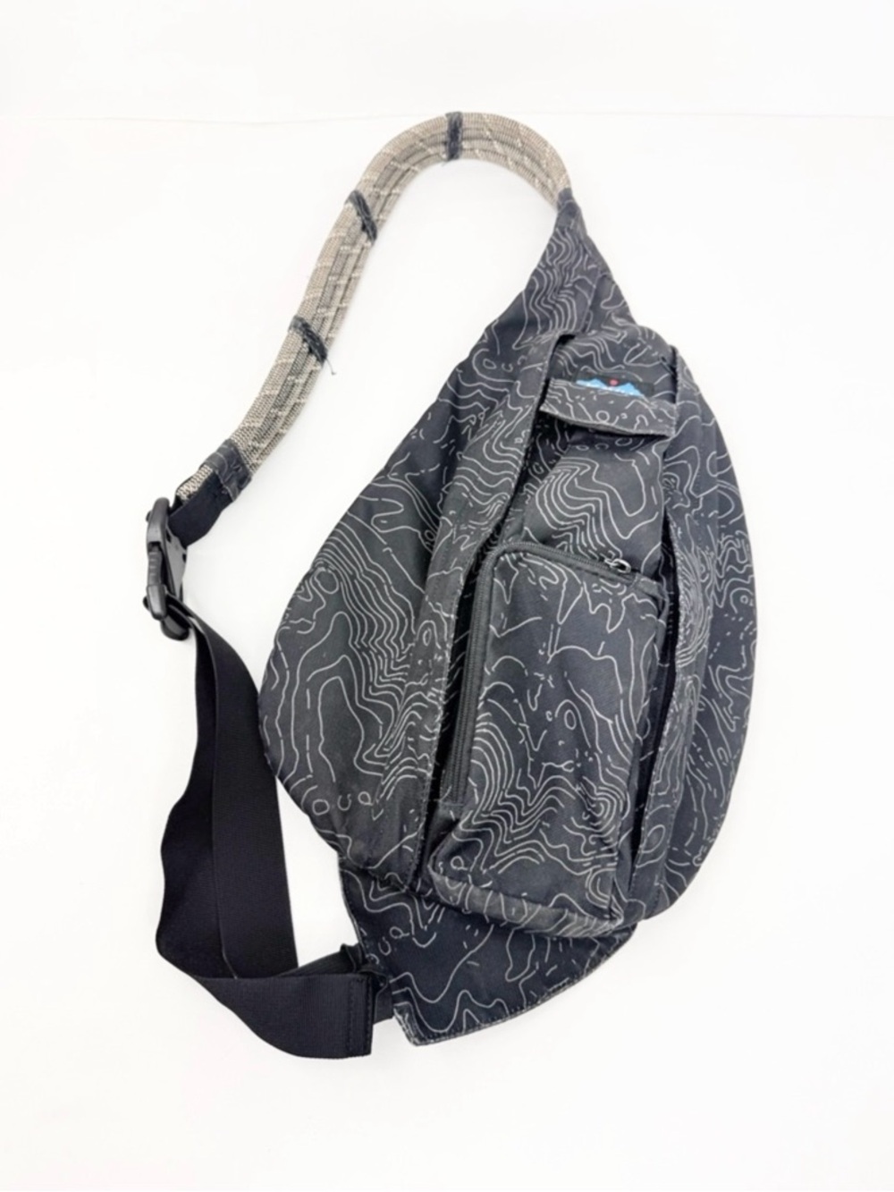 KAVU Black Tan Abstract Scribble Graphic  Rope Strap Nylon Sling Bag